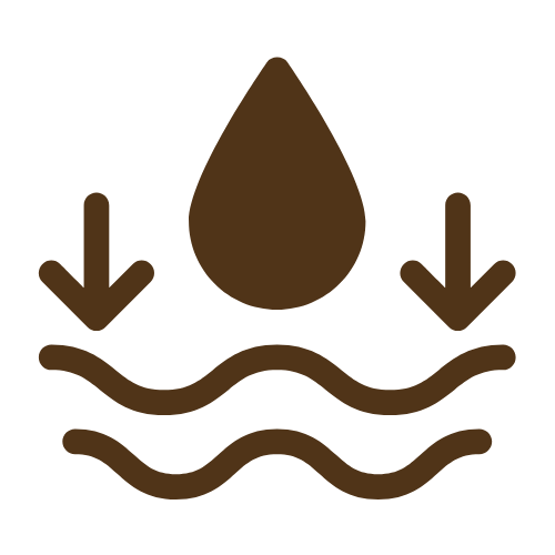 A water droplet icon with downward arrows and wavy lines.