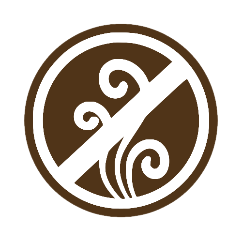 No odor symbol with brown background and black swirls.